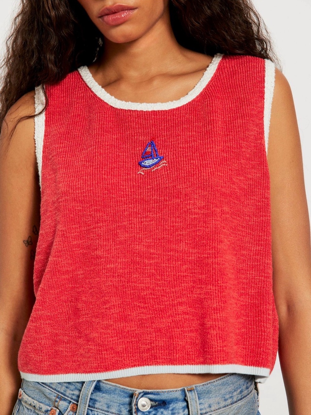 Free people Shelly sweater tank red white navy sailboat sail combo knit NWT